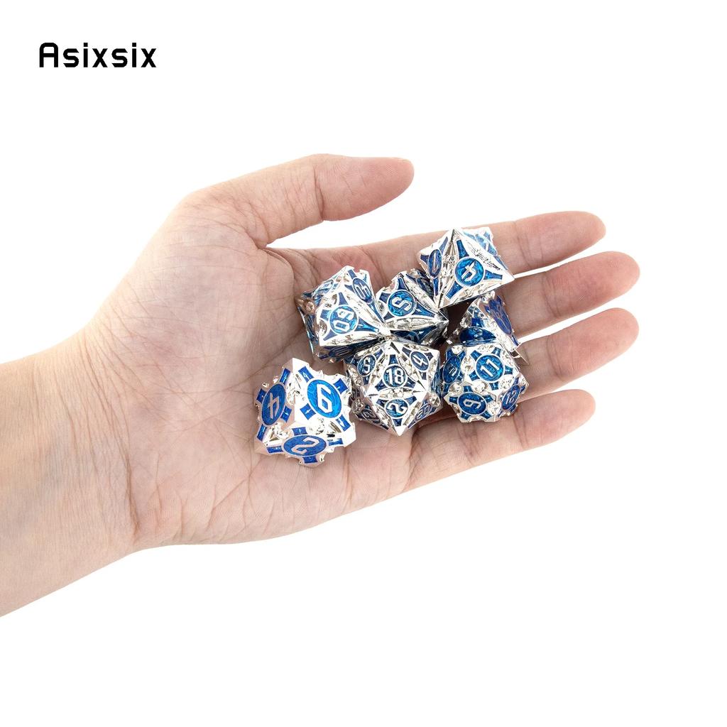 7 Pcs Blue White Metal Dice Solid Metal Polyhedral Dice Set Suitable For Role-Playing Dice PropBoard Game Gift