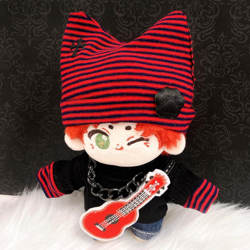 Cat Ear Knit Hat, Shirt, Pants, and Guitar Set for 10cm Doll, Red, Plush Toy, Kigurumi, Accessories, Otaku, Doll, Mascot, K-Pop Doll, Costume [Used]