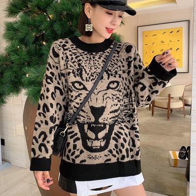 Rundhals Leopard Drucken Lose Pullover Frauen Lange-ärmeln Stretch Gestrickte Bodenbildung Pullover Pullover Weiblichen Frühling Herbst 2020