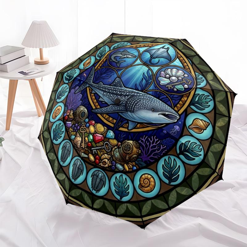 Ocean Life Glass Pattern Umbrella, Portable and Foldable Design, 8 Ribs, a Casual Accessory for Halloween, Christmas, and Birthday Gifts.