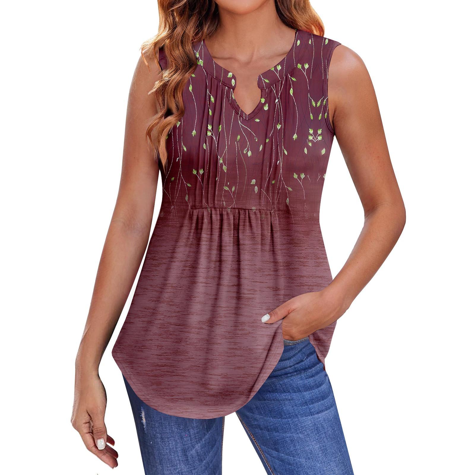 

Женские летние майки с V-образным вырезом и принтом, повседневные майки для женщин, свободные рубашки-туники без рукавов M винный