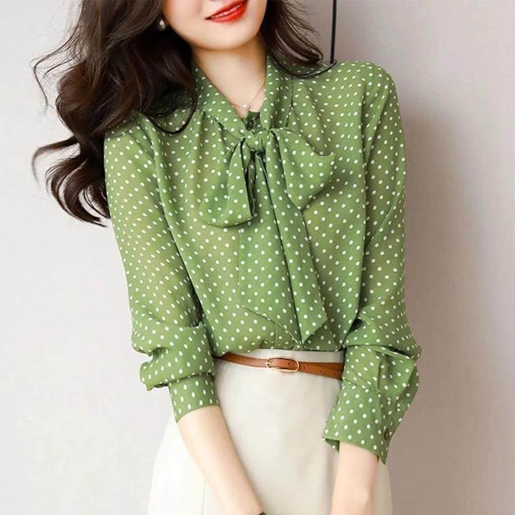 Jarní a podzimní košile Dámské puntíkovaný košilový límec Šněrovací Dlouhý rukáv Cardigan Tops na jeden knoflík Módní trend