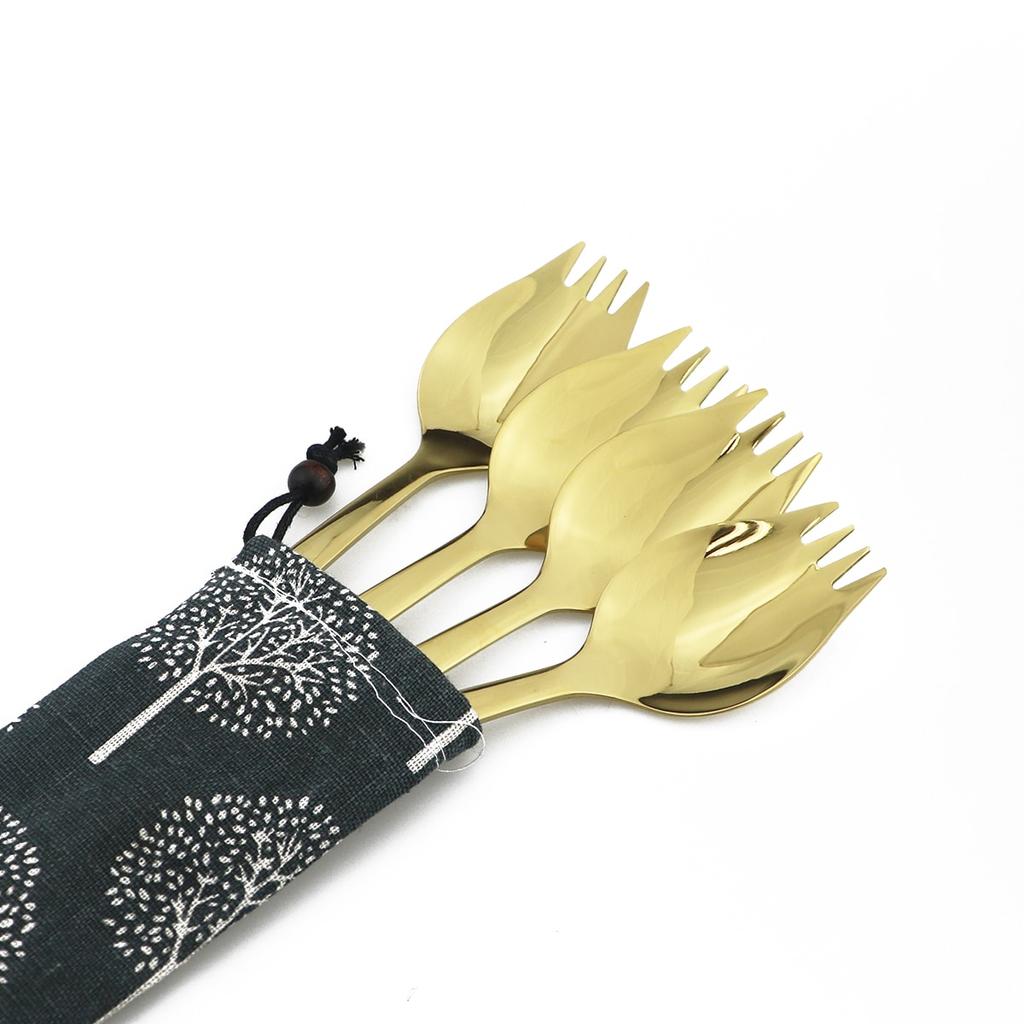 4 Piezas Vajilla Negra Camping Viaje Un Cuchillo y Tenedor Cubiertos Anfibios Cuchara Tenedor Acero Inoxidable 304 Fideos Aperitivo