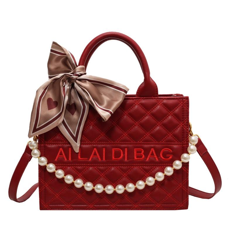 

IELGY Женская модная сумка большого объема, сумка-тоут с жемчужной цепочкой, сумка-мессенджер через плечо с бриллиантами. красный