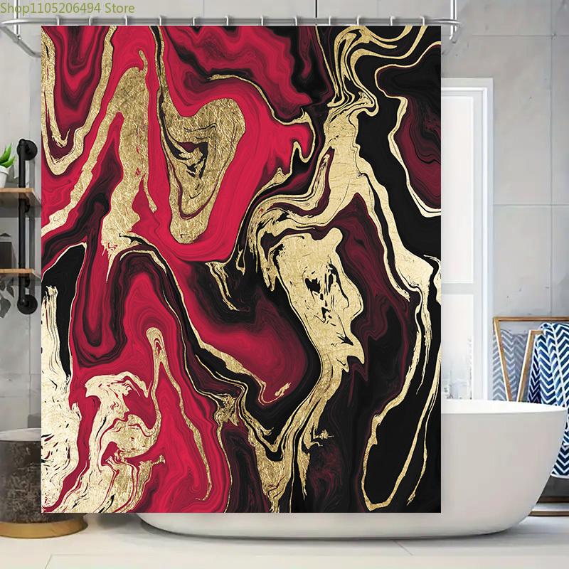 Luxury Red Marble Shower Curtain Elegant Gold and Black Print Waterproof Home Decor Bathroom Accessories Size Customizable for