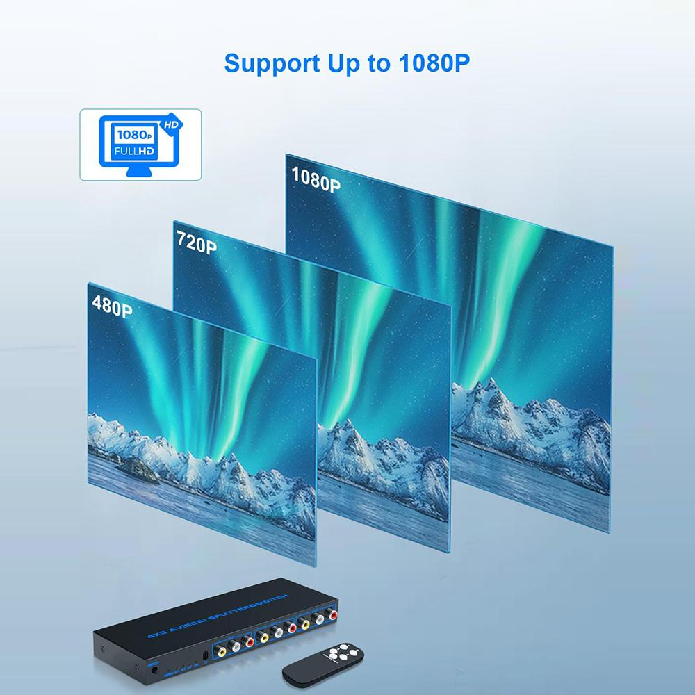 RCA AV Přepínač Rozbočovač Box 4 Vstupy 3 Výstupy AV Audio Video Signál Kompozitní Přepínač s Dálkovým Ovládáním