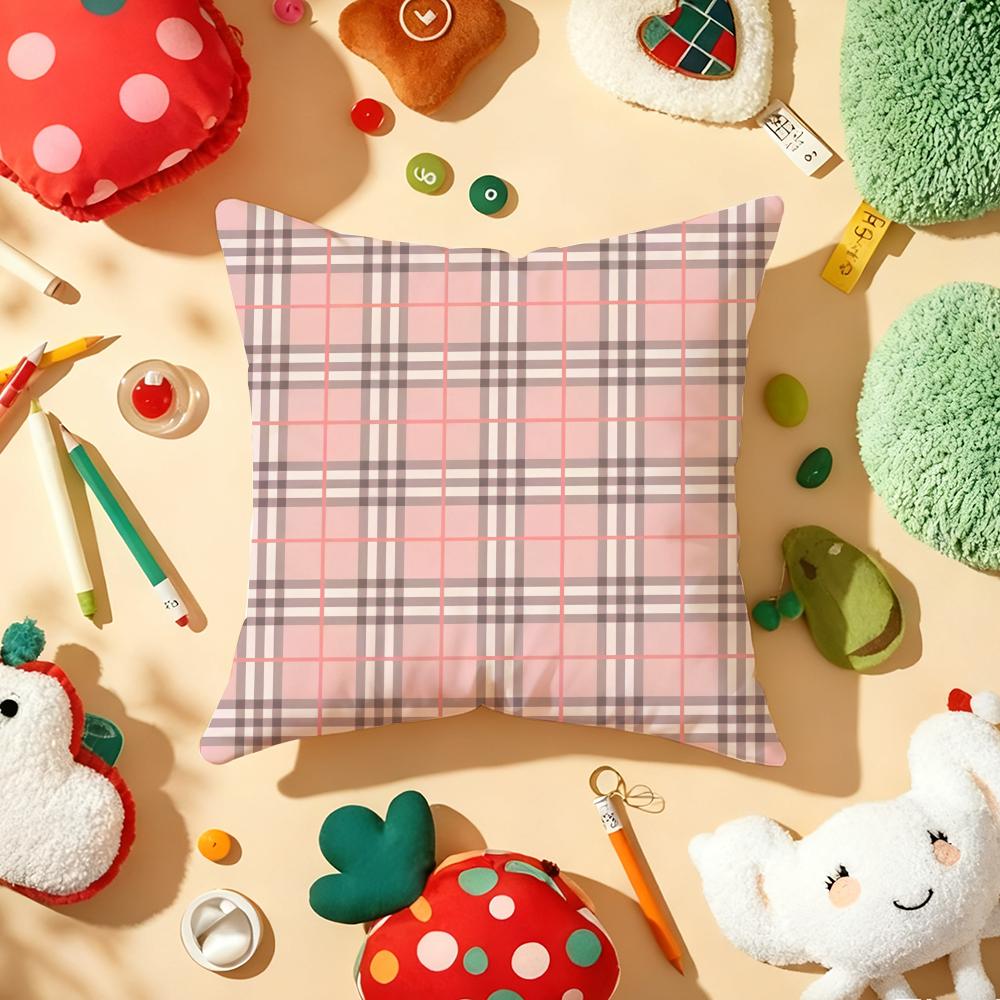 Classic Pink Plaid Cushion Cover Soft Short Plush DoubleSided Printing Home Decor Machine Washable Pillow Case Gift