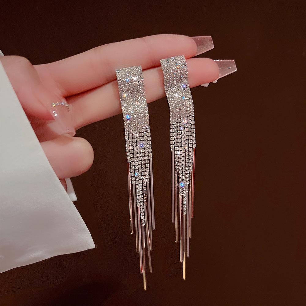 

S925 Silver Needle Korean Wave Design Long Tassel Earrings with Full Diamond for Women