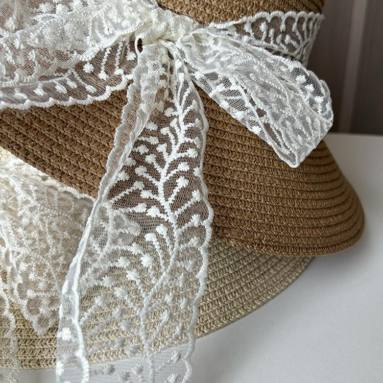 Lace Bow Straw Woven Fisherman's Hat Women Summer Travel Sun Protection Sun Hat Seaside Beach Hat Straw Hat