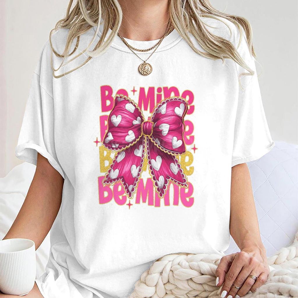 Rosa Valentinstag Coquette Herz T-Shirts Damen Be Mine Kurzarm-T-Shirt Glitzer Coquette Valentinstag Shirt Design Damen T-Shirt