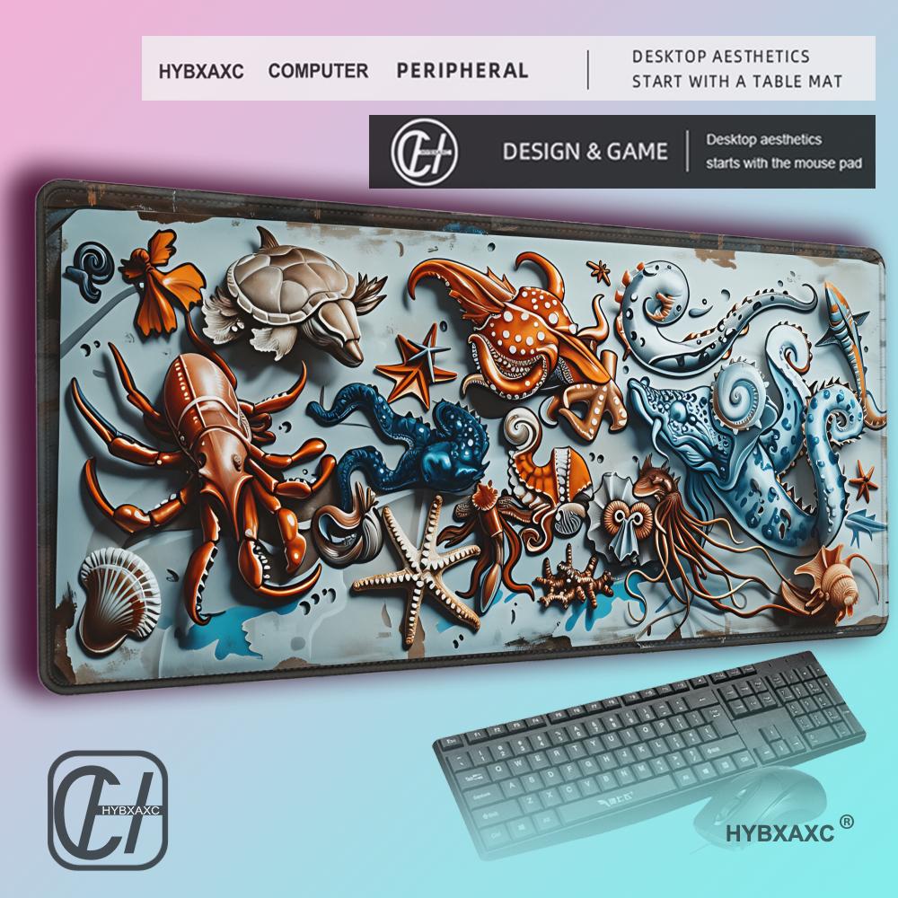 HYBXAXC Vintage Deep Sea Monster Extended Desk Mat Ocean Sea Monster Pattern Gaming MousePad Thick Lockedge Keyboard Mat