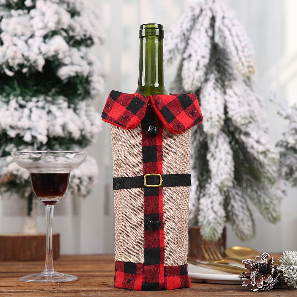 Red Cozy And Black Tartan Wine Bottle Sleeve With Elegant Burlap Bell For Holiday Celebrations