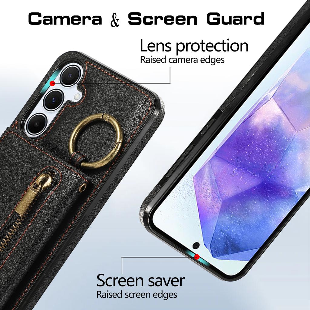 For Samsung Galaxy S25/S24 Leather Back Cover Zipper Wallet Kickstand Phone Case with Shoulder Strap