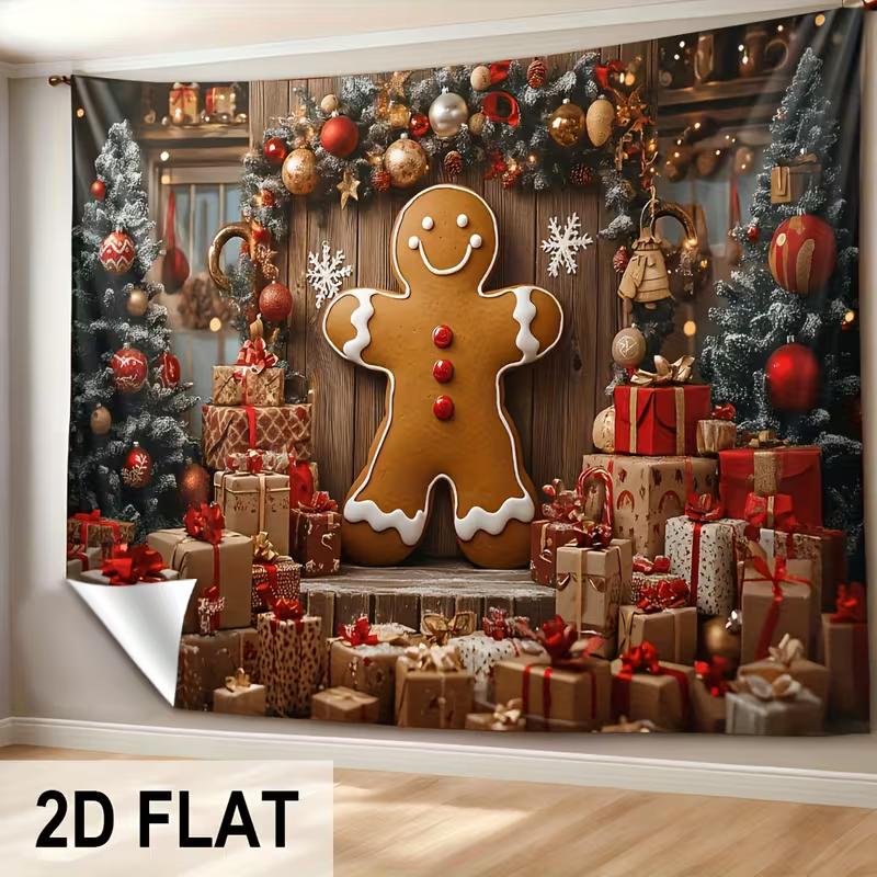 

2D Winter Christmas Photography Backdrop, Gingerbread Man & Gift Boxes Scene Background 47.2x31.5inch/120*80cm