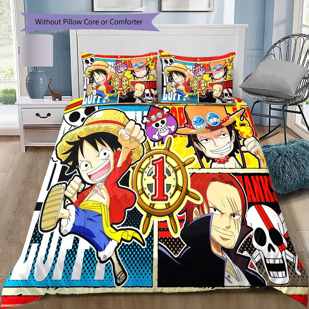 Juego de Ropa de Cama con Estampado de Monkey D. Luffy de One Piece Juego de Colcha Funda de Colcha Funda de Almohada Regalo de Cumpleaños para el Hogar(1 * funda nórdica + 2 * fundas de almohada, sin núcleo)