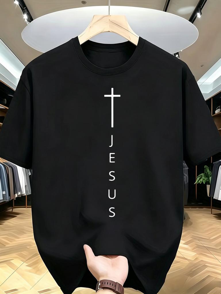 1pc Mens Graphic T Shirt Jesus Christian Cross Print Short Sleeve Crew Neck