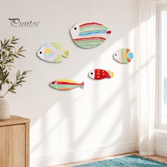 Ocean Theme Wall Art 5Pcs Wooden Fish Decor, Rainbow Striped Tropical Ornaments with 3D Kids Room Decoration Embossed Texture, Lightweight Coastal