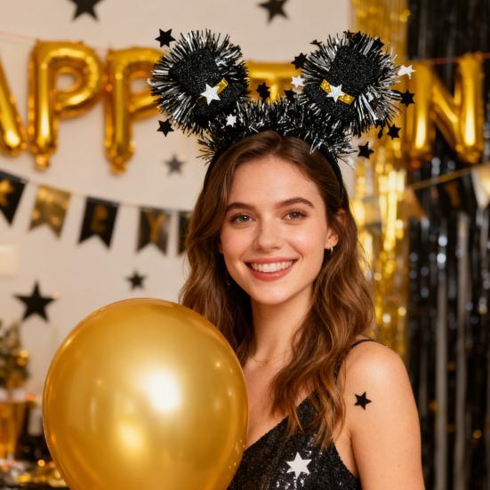 2026 New Year Headband with "Happy New Year" Letters Glitter Tinsel Hairband with Wine Glass Hat Party Headwear for Countdown Celebration