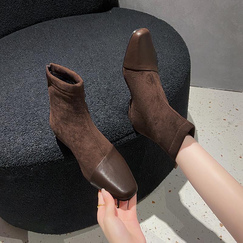 Fashion Spliced Suede Low Heel Single Shoes Fall New Square Toe Rear Zip Anti-Slip Wear-Resistant Shoe