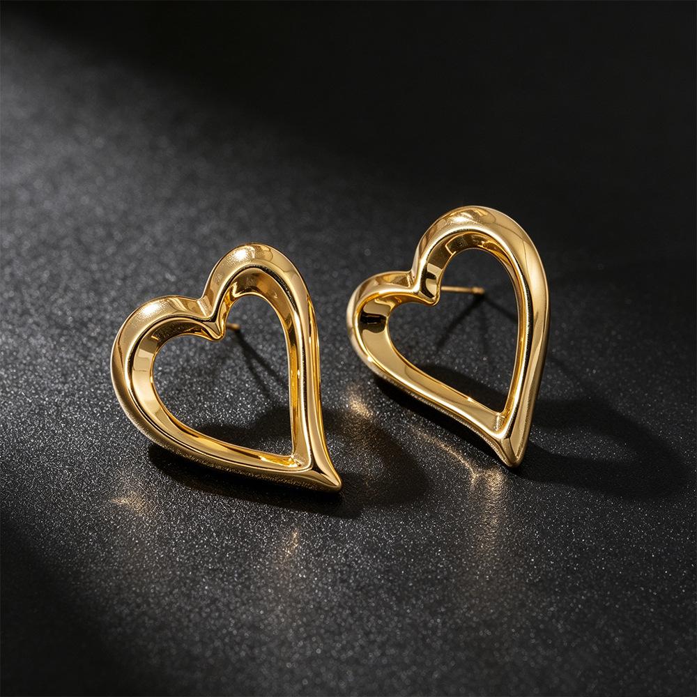 Geometric Hollow Heart Stud Earrings - Retro Design with Light Luxury Style for Women