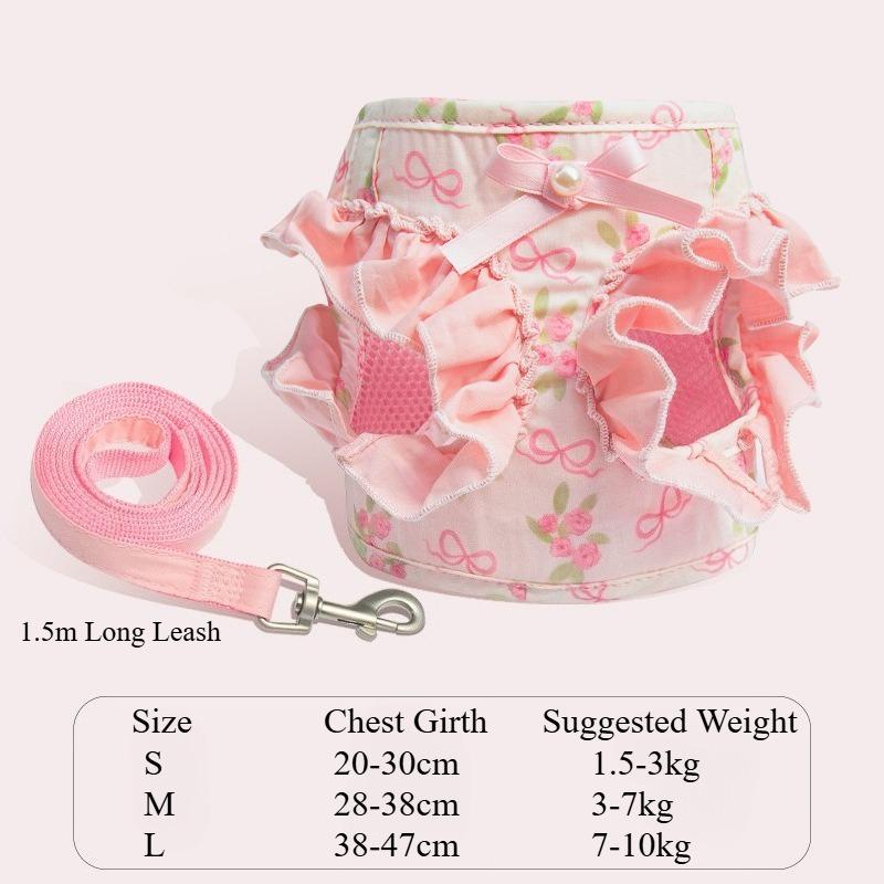 Cute Floral Ruffle Dog Harness & Leash Set For Bichon Frise Teddy Pomeranian Breathable Vest Harness For Small Dogs Outdoor Walk