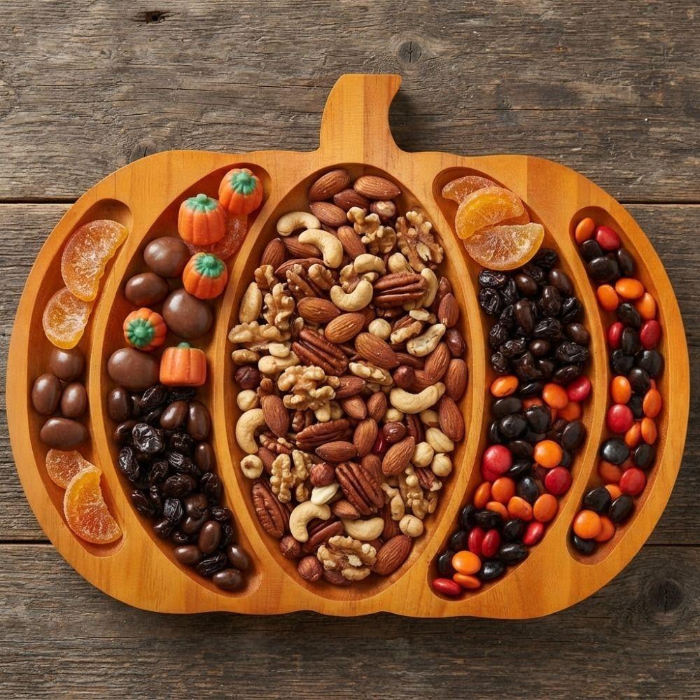 Wooden Halloween Pumpkin Snack Tray with Compartment Sturdy Nut Platter 5 Grid Drop-resistant Snack Serving Plate Living Room