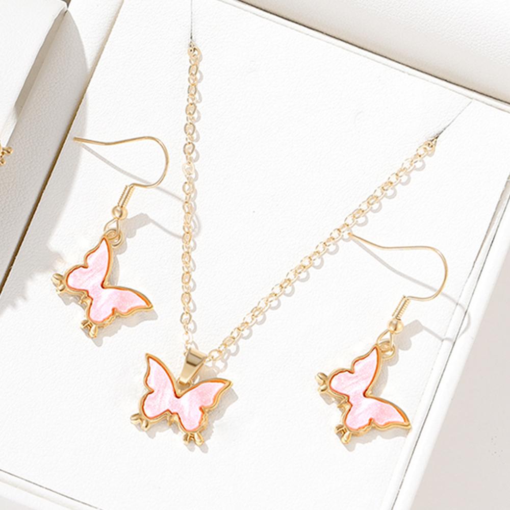 4 Piece Set Versatile Women Temperament High Aesthetic Value Fashionable High End Pink Butterfly Necklace Bracelet Earring Set