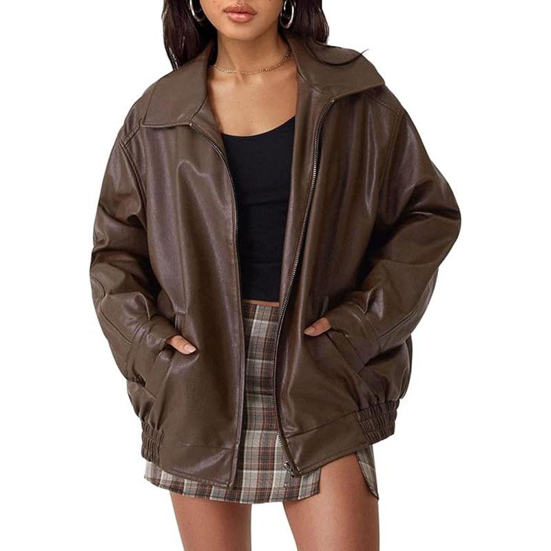 Brown Faux Leather Zip Up Biker Jacket for Women