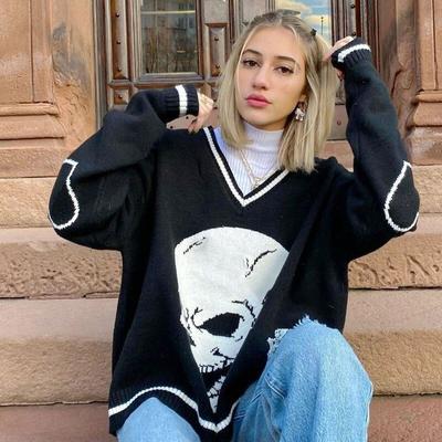 Frauen Pullover Oversize Winter Y2K Harajuku Skeleton Grafiken Stricken Koreanische Mode Damen Pullover Pullover Punk Grunge Kleidung