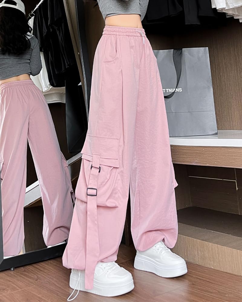 HIMATI Cargo Long Wide Leg Cargo Pants with Loose Hip Hop Stylish Bottoms Pink Large Women's Pants, Pants, Pockets, Fit, Dance, - -