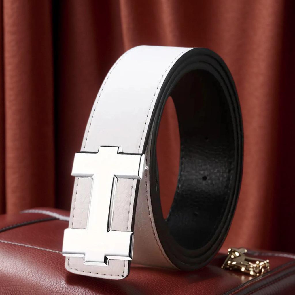 Unisex Korean H Buckle Genuine Leather Belt with Lychee Grain Design