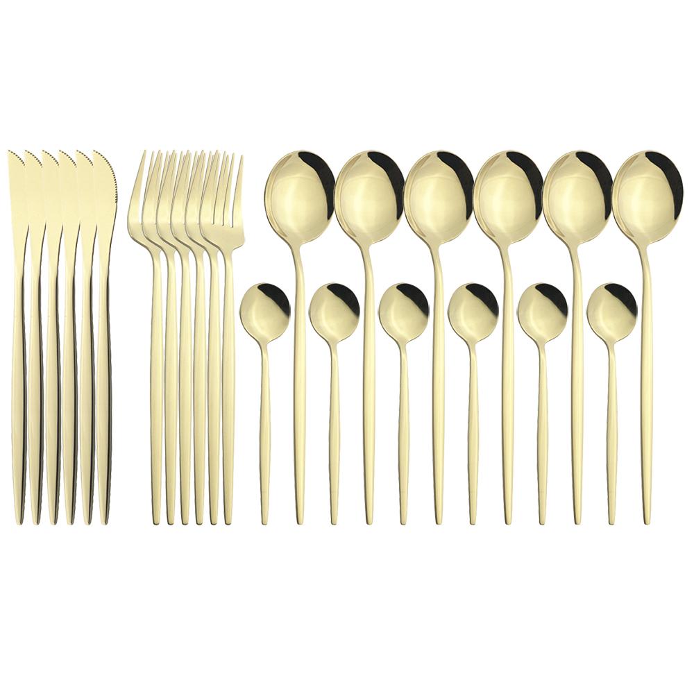 24pcs Black Gold Cutlery Set Mirror Stainless Steel Dinnerware Set Knife Fork Spoon Tableware Flatware Set Dishwasher Safe Kitchen Wedding Accessories