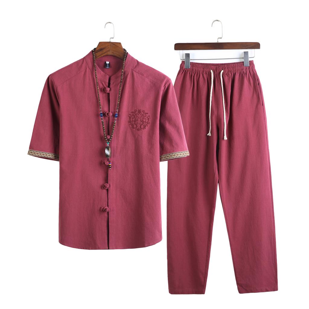Mens Linen Sets Summer Men Streetwear Jogger Shirts+Long Pants Male Chinese Style 2 Pieces Hanfu Tracksuit Tang Suit
