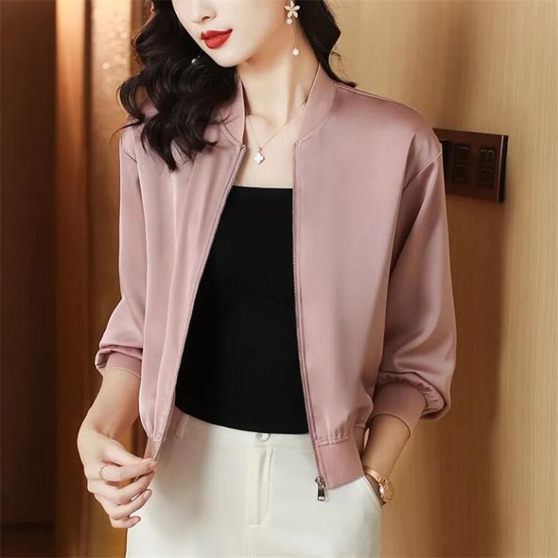 Hedvábné krátké bundy Dámské kabáty Volné saténové svrchní oblečení Jednobarevná látka Zip Baseballová bunda Jaro Podzimní oblečení Dámská bunda