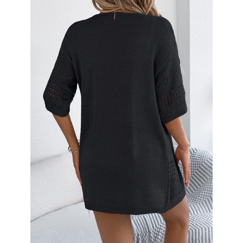 Women Solid Hollow Out Five Quarter Sleeve Knit Open Cardigan Casual Vacation Thin Outerwear