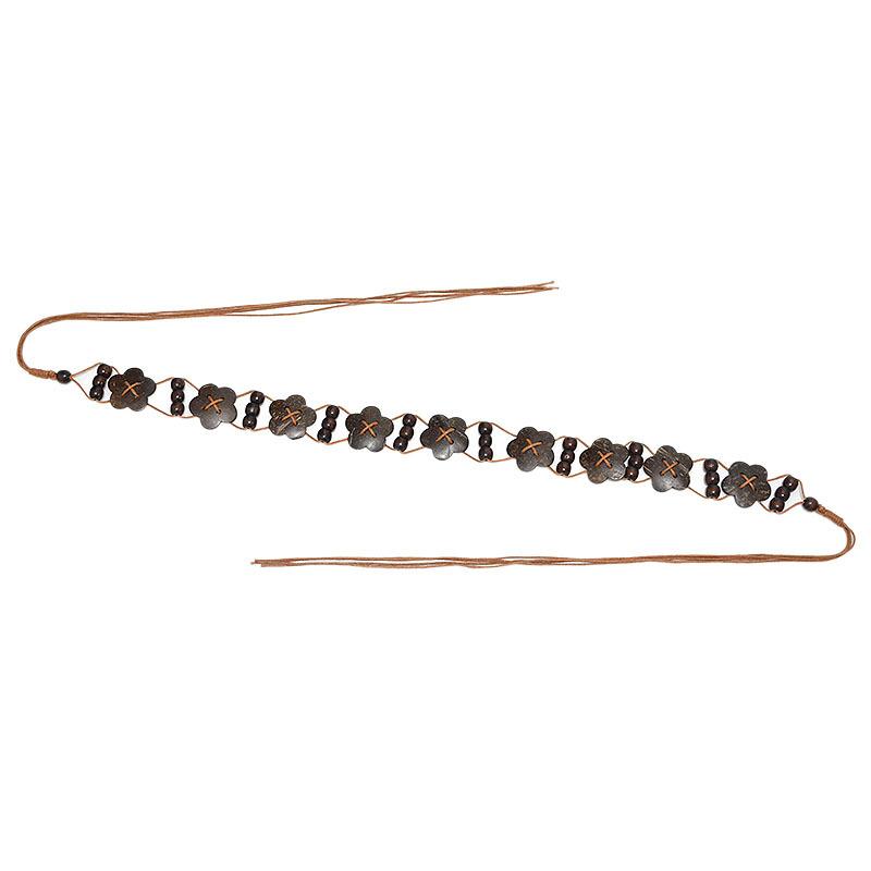 Meier Thin belt ethnic style wooden beads flower string stitching woven waist chain
