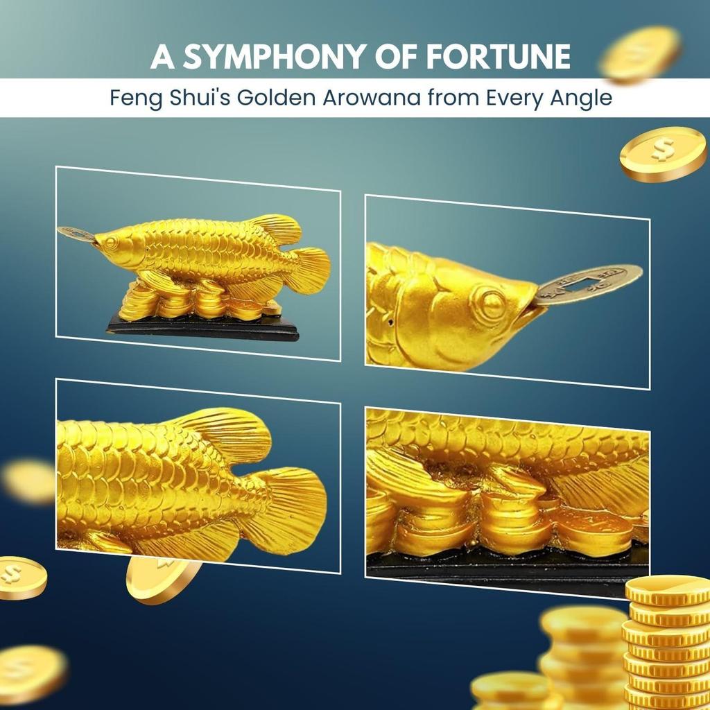Feng Shui Golden Arowana Fish Statue Showpiece with Coin In Mouth Wealth Symbol, Protects Mishaps, Troubles Vastu Products Home & Office