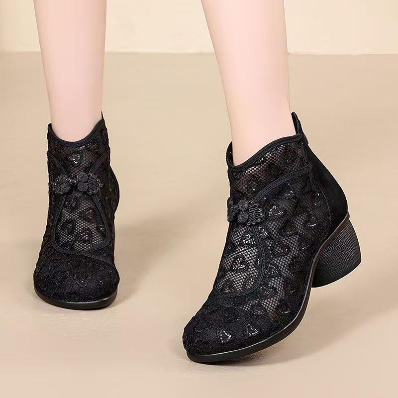 Women's Ethnic Style Mesh Ankle Cool Boots Spring Summer Block Heel Round Toe Soft Sole Dance Shoes Light High Top Zipper Sandal