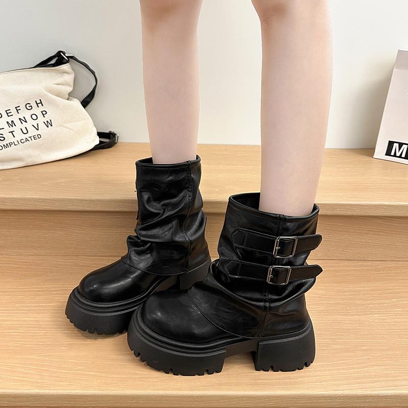 Winter Platform Thick Sole Woman Ankle Boots Design Belt Buckle Slip On Shoes Punk Style Leather Knight Short Bottes Femmes