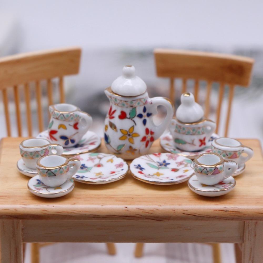 Mini Set da Tè in Ceramica da 15 Pezzi - Giocattolo Perfetto per Casa delle Bambole per Bambini - Piatti, Tazze e Cibo in Miniatura - Ottima Idea Regalo