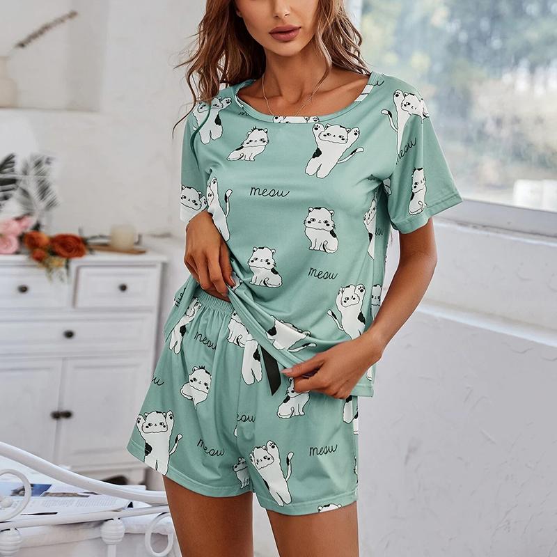 Women's Pajamas Pj Set Summer Short Sleeve Tee Tops Shorts Pyjama 2 Piece Sleepwear Loungewear Home Clothing Pijama Suit