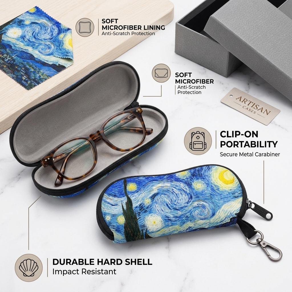 Estuche para Gafas de Pintor Artístico Bolsa Portátil Van Gogh Noche Estrellada Girasol Bolsa para Gafas con Gancho para Llavero