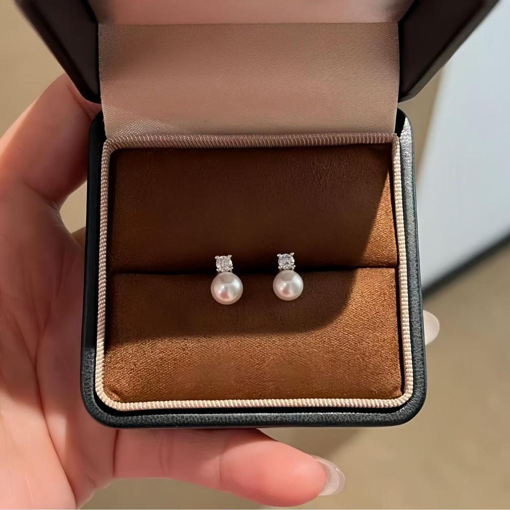 Princess Cut Freshwater Pearl & Rhinestone S925 Silver Stud Earrings