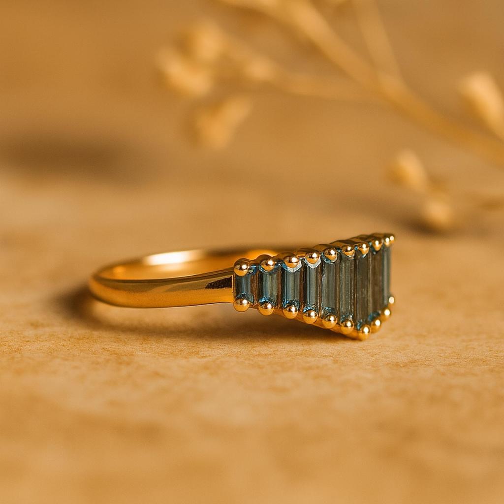 Chevron Aquamarine Baguette Ring – Blue Gemstone Band in Yellow Gold plating - 925 Sterling SIlver Jewelry Gift