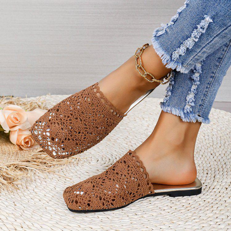 2024 Women's Hollow Lace Knit Sandals: Solid Color Flat One-Strap Slippers with Rubber Toe Cap