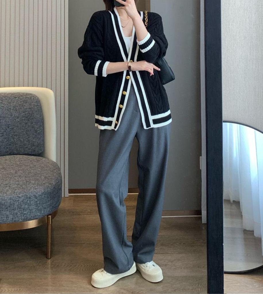Korean Style Gold Button Cable Knit Cardigan: Women's Autumn/Winter Loose Color Block Knitwear