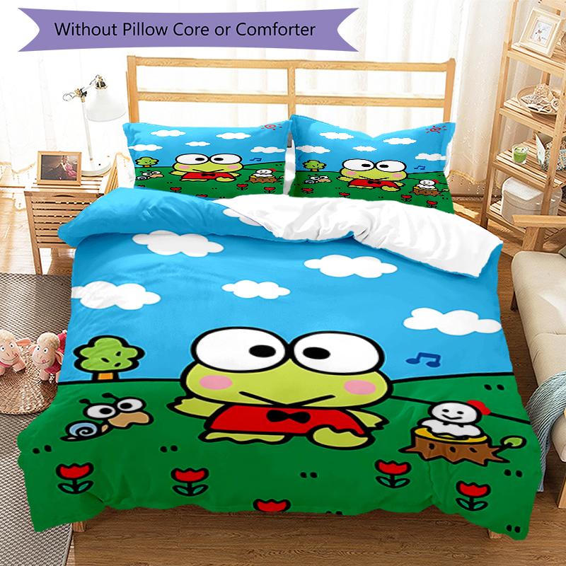 3pcs Sanrio KEROKERO KEROPPI1 Design Cover Set - HD Printed Bedding with 1 Cover and 2 Pillowcases - Perfect for Home and Dorm Decor