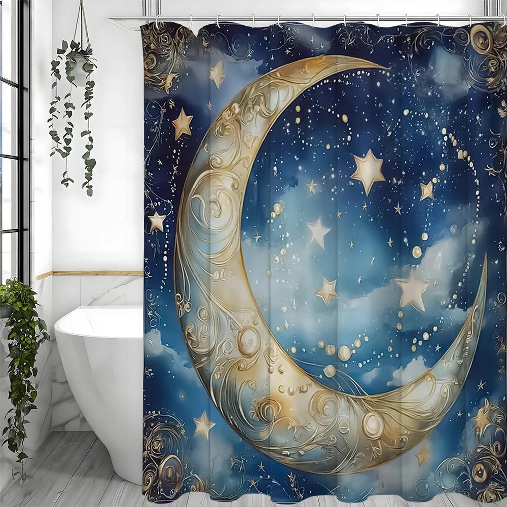 Moon Star Magic Duschdraperi, Dekorativt Duschdraperi för Badrum, Vattentätt Duschdraperi med Krokar