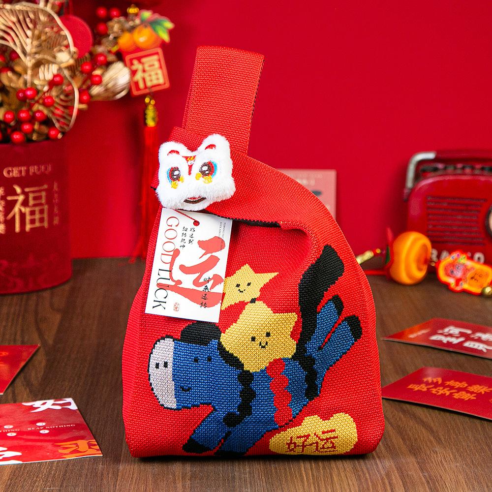 Year Of The Horse Red Knot Wrist Handbag Cartoon Mascot Pony Knitted Candy Tote Bag Reusable Shopping Bag Gift Packaging Bag