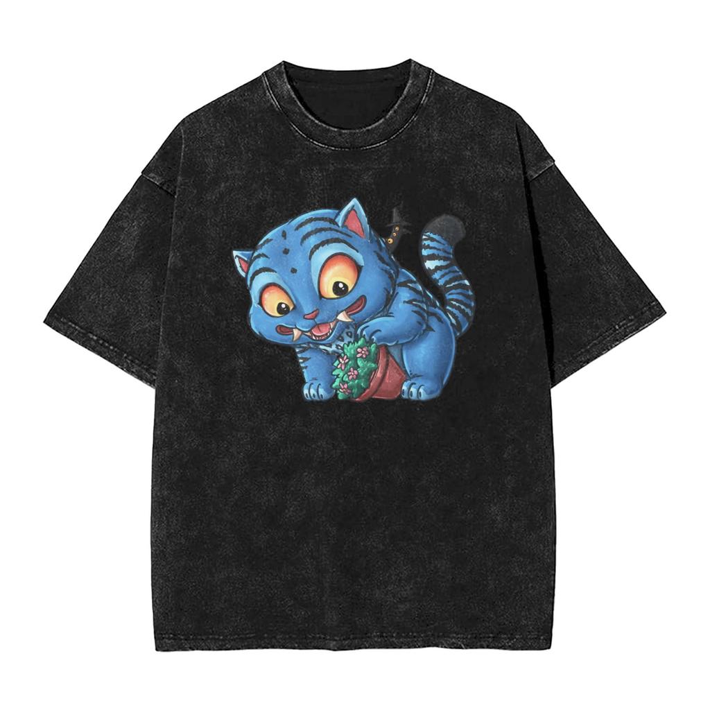 Vintage Derby Blue Tiger Kpop Demon Hunters T-Shirts Men Crew Neck Cotton Washed T Shirt  Short Sleeve Tees Clothes